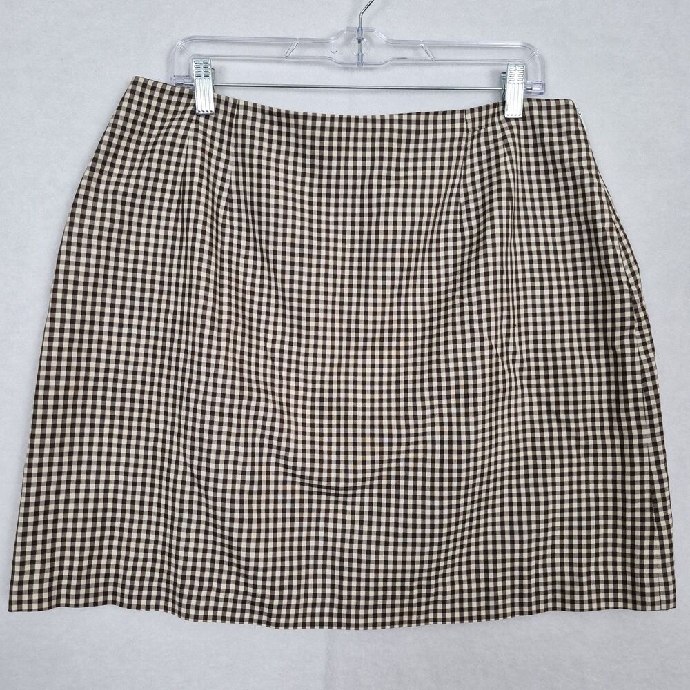 VTG Talbots Sz 16 100% Silk Mini Skirt Brown Gingham Retro Preppy